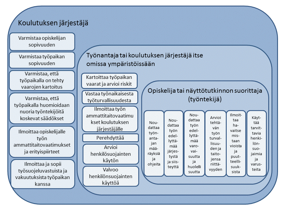 Kuva 1. Työturvallisuusvastuut ammatillisessa koulutuksessa (Tappura 20