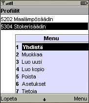 PROFIILILISTA 2 PROFIILIT Profiili sisältää yhteysasetukset joilla puhelin ottaa yhteyden säätimeen. Profiileita voi olla useampia ja niitä voi lisätä, muokata ja poistaa tarpeen mukaan. 2.1 PROFIILILISTA Profiililista ikkunassa on lista kaikista profiileista.