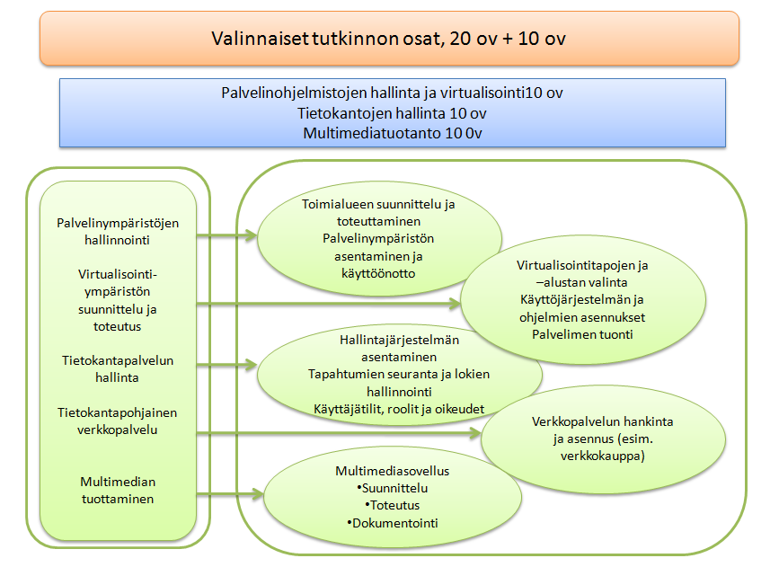 6.3. Valinnaiset opinnot 29 Valinnaiset opinnot, joita ovat palvelinohjelmistojen hallinta, virtualisointi ja tietokantojen hallinta, syventävät käytön tuen koulutusohjelman opintoja.