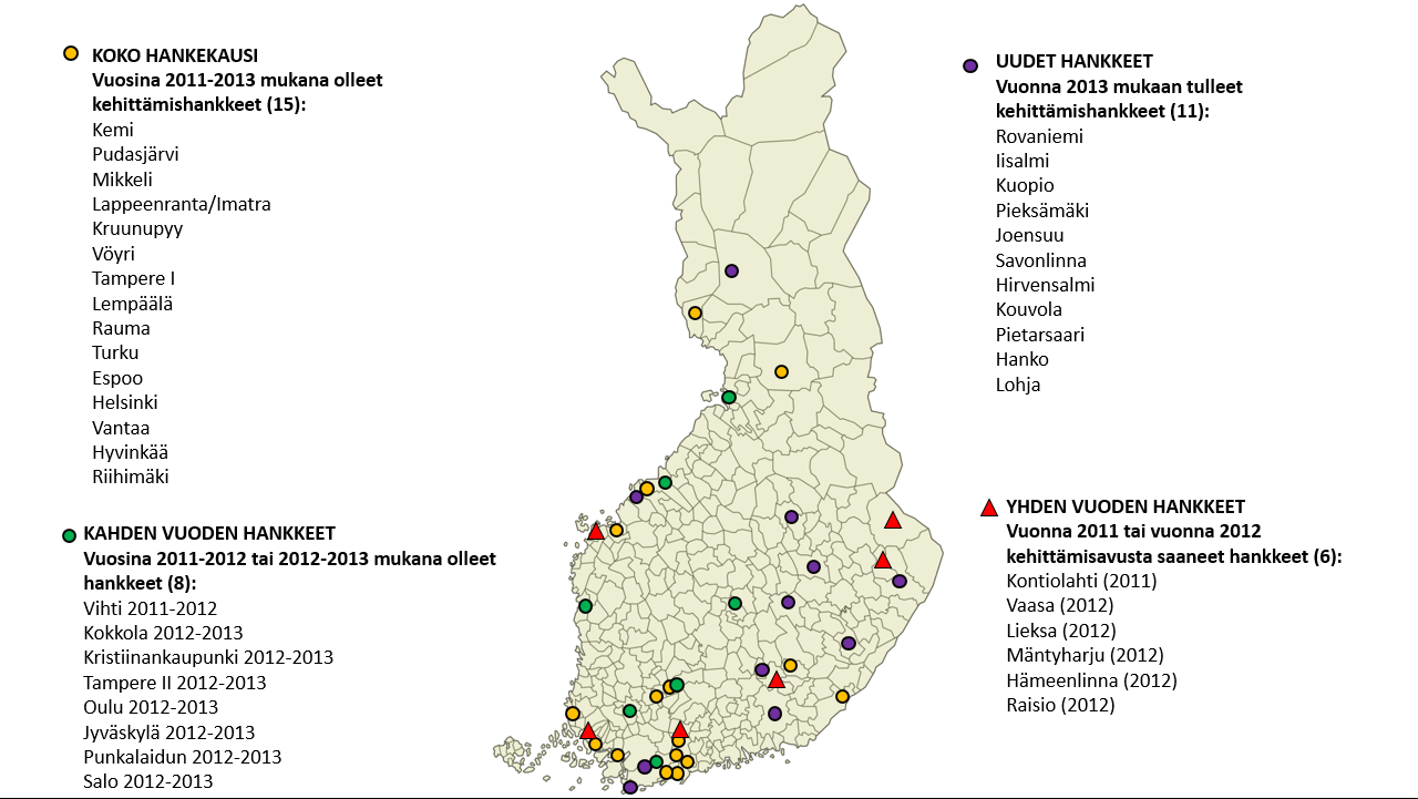 KUVIO 1 Kehittämishankkeiden maantieteellinen jakautuminen. Selvästi eniten avustusta vuosien 2011 2013 aikana myönnettiin Uudenmaan ELYalueelle, yhteensä 1 309 220 euroa (Taulukko 2).