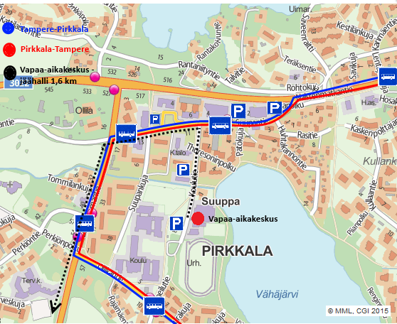Saapuminen Vapaa-aikakeskus sijaitsee Pirkkalan keskustassa monipuolisten palveluiden keskellä. Parkkipaikat löytyvät vapaa-aikakeskuksen ja Naistenmatkan koulun välissä olevalta alueelta.