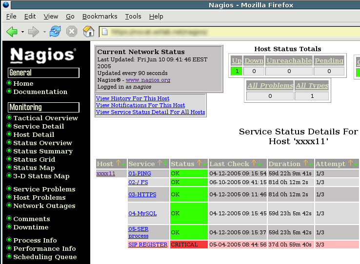 Kuva: Service Status Details Nagiosta valvottiin seuraavilla plugineilla: check_ping, jolla voidaan lähettää kohteelle ping-viestejä ja tarkistaa niihin saatavia vasteita, check_disk, jolla voidaan