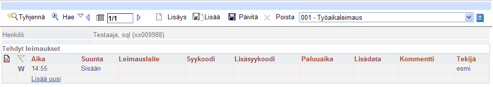 2. Uusi leimaus tehdään valitsemalla Lisää uusi linkki leimauslistan alta. Linkin painalluksen jälkeen avautuu erillinen ponnahdusikkuna jossa itse leimaus tehdään. 3.