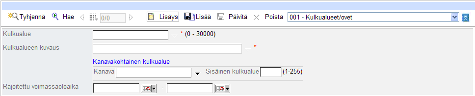 3. 8. 4. 5. 7. 6. 8. 5.3 Perus ylläpitonäyttö - Kulkualueet Kulkualueet näytössä voi sen avautuessa joko syöttää uuden kulkualueen tai hakea kulkualueen/-alueita muokkausta varten.