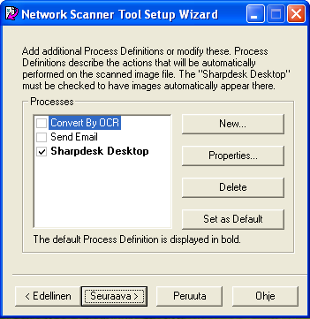 VERKKOLAAJENNUS CD-ROM-LEVY NETWORK SCANNER TOOL -OHJELMIEN ASETUKSET Kun käynnistät koneesi uudelleen (tai valitset Network Scanner Tool aloituksen) kuten Network Scanner Tool (Sharpdesk LT)