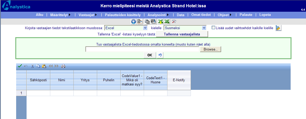 6.3.3 Vastaajien liittäminen MS Excelistä (Internet Explorer-selain) Avaa Excel-taulukkosi siihen kohtaan, jossa vastaajasi ovat.