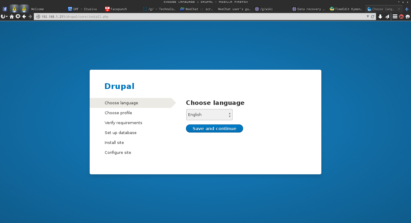 11. Drupal asennus Drupalin uusimman version voi ladata sen verkkosivuilta pakattuna. Drupal WWW sisällönhallinnan asennustiedot purettiin Drupalille luotuun hakemistoon /usr/share/nginx/html/drupal.