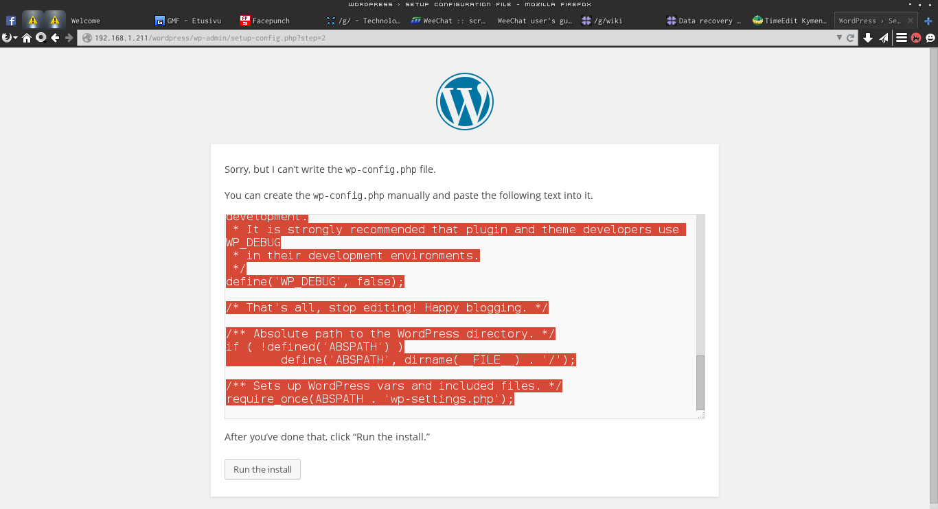 /usr/share/nginx/html/wordpress/wp config.php, ja sinne liitettiin asennusohjelman antama sisältö. Kuva: Vaadittavan wp config.