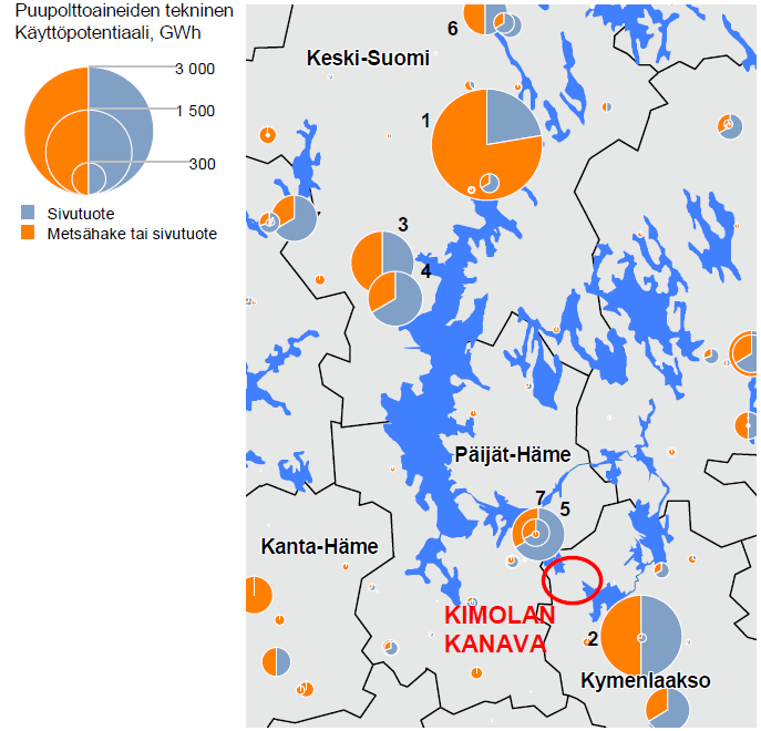 22 Itä- ja Keski-Suomen metsähaketarjonta (Kimolan kanavan sijainti esitetty punaisella).