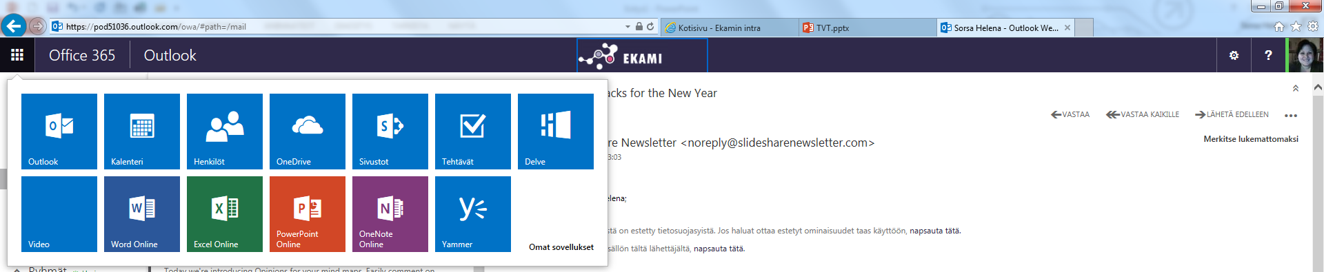 O365:n mahdollisuudet Kalenteri Sähköposti Osoitekirja, voit tehdä omia ryhmiä OneDrive pilvi, tallennuspaikka netissä Sivustot: mahdollisuus luoda sivusto ja tiedostojen jakopaikka esim.