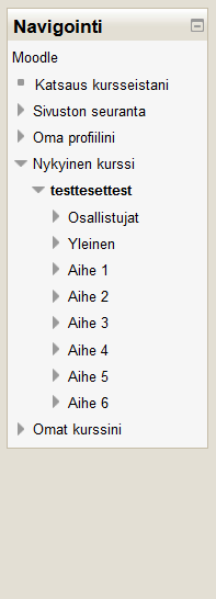 Uuden kurssin etusivu: Kurssin muokkaustyökalut saadaan näkyviin Muokkaustila päälle linkistä. Sisältöjä luodessa tätä painiketta käytetään usein. Kurssin asetuksia pääsee muokkaamaan tästä (esim.