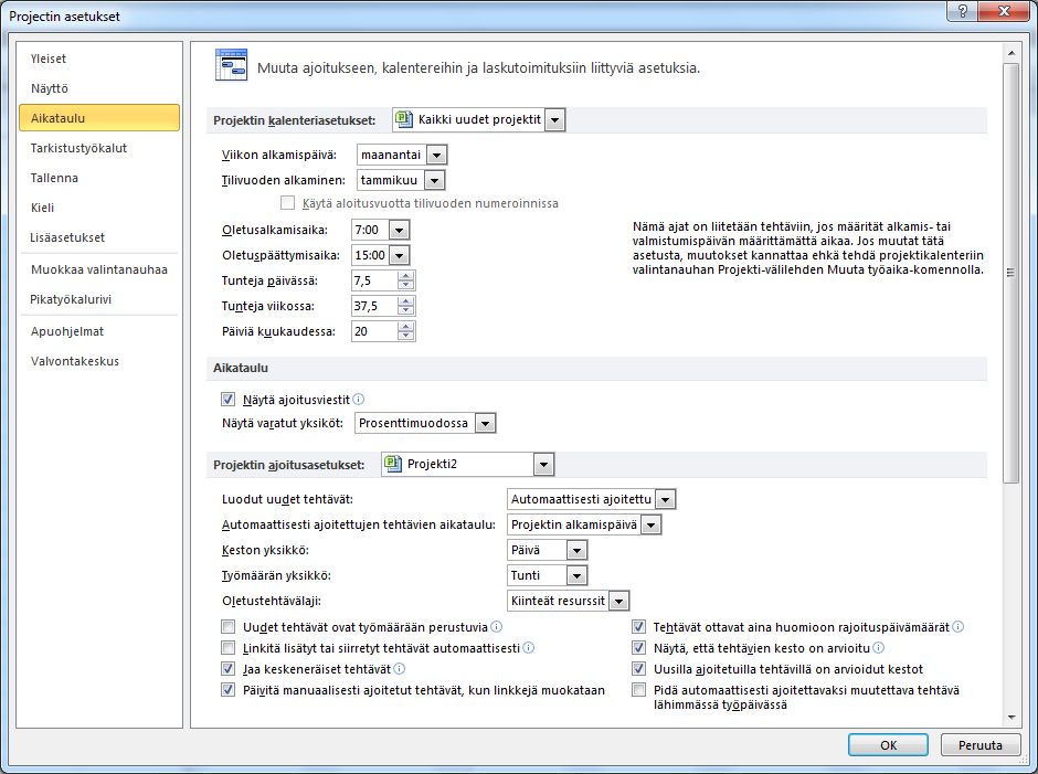 Projektin alkuasetukset ja perustiedot Peruskalenterin sovitus! Viikoittainen työaika Seuraava tehtävä on sovittaa peruskalenteri projektiin sovittujen työaikojen mukaiseksi.
