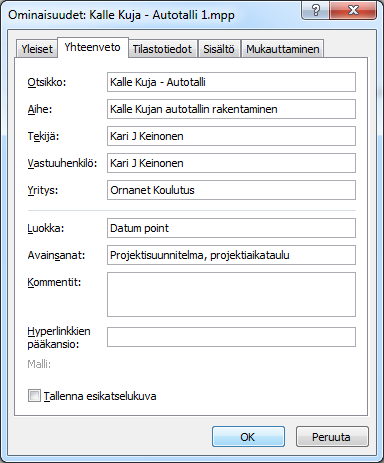 Napsauta Projektin tiedot (Project Information) pudotusvalikosta Lisäominaisuudet (Advanced Properties) -komentoa.