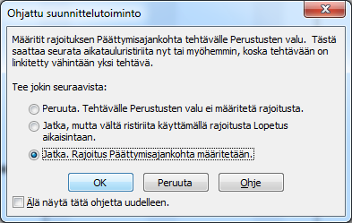 Tehtävän kesto Kuva 44 Tehtävien tiedot (Task Information) - valintaikkuna Valitse Perustusten valu -tehtävälle kuvassa kehyksellä merkittyihin kohtiin valitut asetukset.