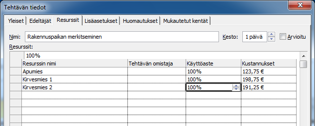 Tehtävän laji (Task type) -asetuksen voit myös muuttaa. Tehtävä Käytä tehtävässä resurssien syöttämiseen Tehtävän tiedot (Task Information) -ikkunan Resurssit (Resources) -välilehteä.