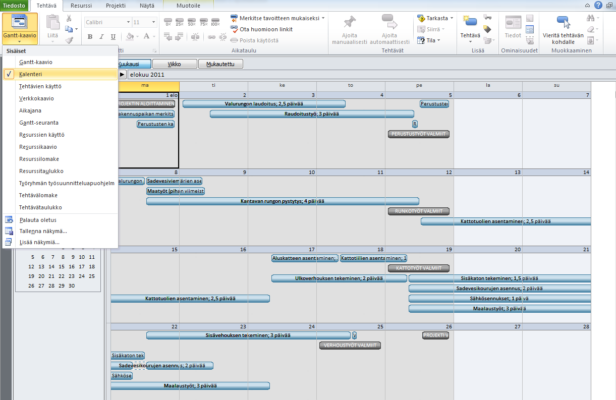 Kalenteri (Calendar) -näkymä Kalenteri (Calendar) -näkymässä voit tarkastella projektin työtehtäviä perinteisessä kalenterissa.