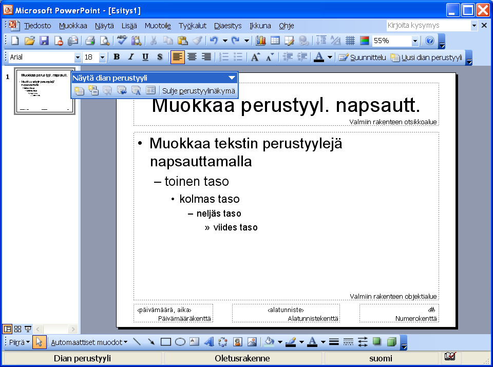 18 (25) Microsoft Excel perusteita 8 Omien mallien luominen MS PowerPoint ohjelmassa voidaan luoda oma diarakenne.