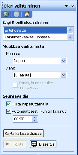 20 (25) Microsoft Excel perusteita 9 Diojen ajastus Diojen ajastuksella tarkoitetaan seuraavan dian vaihtumisen aikaa ja näyttöön tulemisen tapaa. 9.1 Diojen ajastus Dian animoinnilla tarkoitetaan yhden dian sisällä olevien osien erilaisia animointeja.