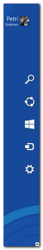 Aloitusnäkymän toimintoja Hiiren osoittimen vieminen näytön oikeaan ylä- tai alalaitaan avaa aloitusnäyttöön liittyviä toiminto Hae: hakee tietokoneeseen asennetuja sovelluksia Jaa:esim.