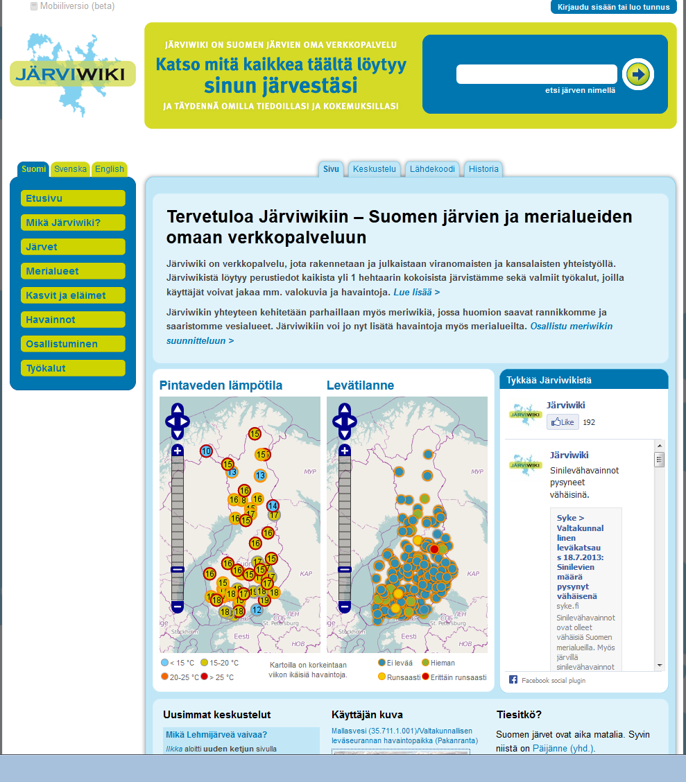 35 2.5.2 Järviwiki Järviwiki on Suomen ympäristökeskuksen perustama Suomen järvien verkkopalvelu, jota rakennetaan ja julkaistaan käyttäjien yhteistyöllä.