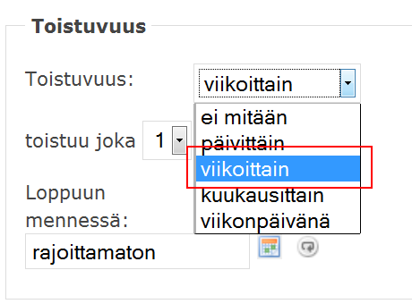 9.2 Toistuvuus viikoittain Alasveto -valikosta voidaan valita myös vaihtoehto "viikoittain".