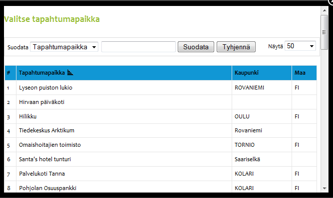 Tuolloin avautuu uusi ikkuna, jossa esitetään valittavissa olevat tapahtumapaikat.