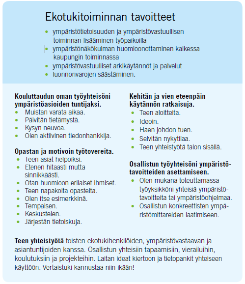 23 Kunnan toimialat ja henkilöstö kestävän elämäntavan edistäjinä Kunta voi tarjota konkreettisia tosi elämän aiheita oppimiseen, kasvatukseen, neuvontaan ja valistukseen sekä osaamisympäristönä että