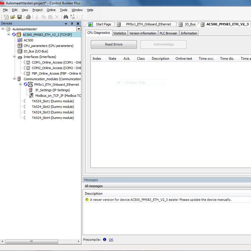 39 Kuva 19: Control Builder -ohjelman näkymä AC500-logiikkaa käytetään Windows-koneella Control Builder -ohjelmalla (kuva 19).