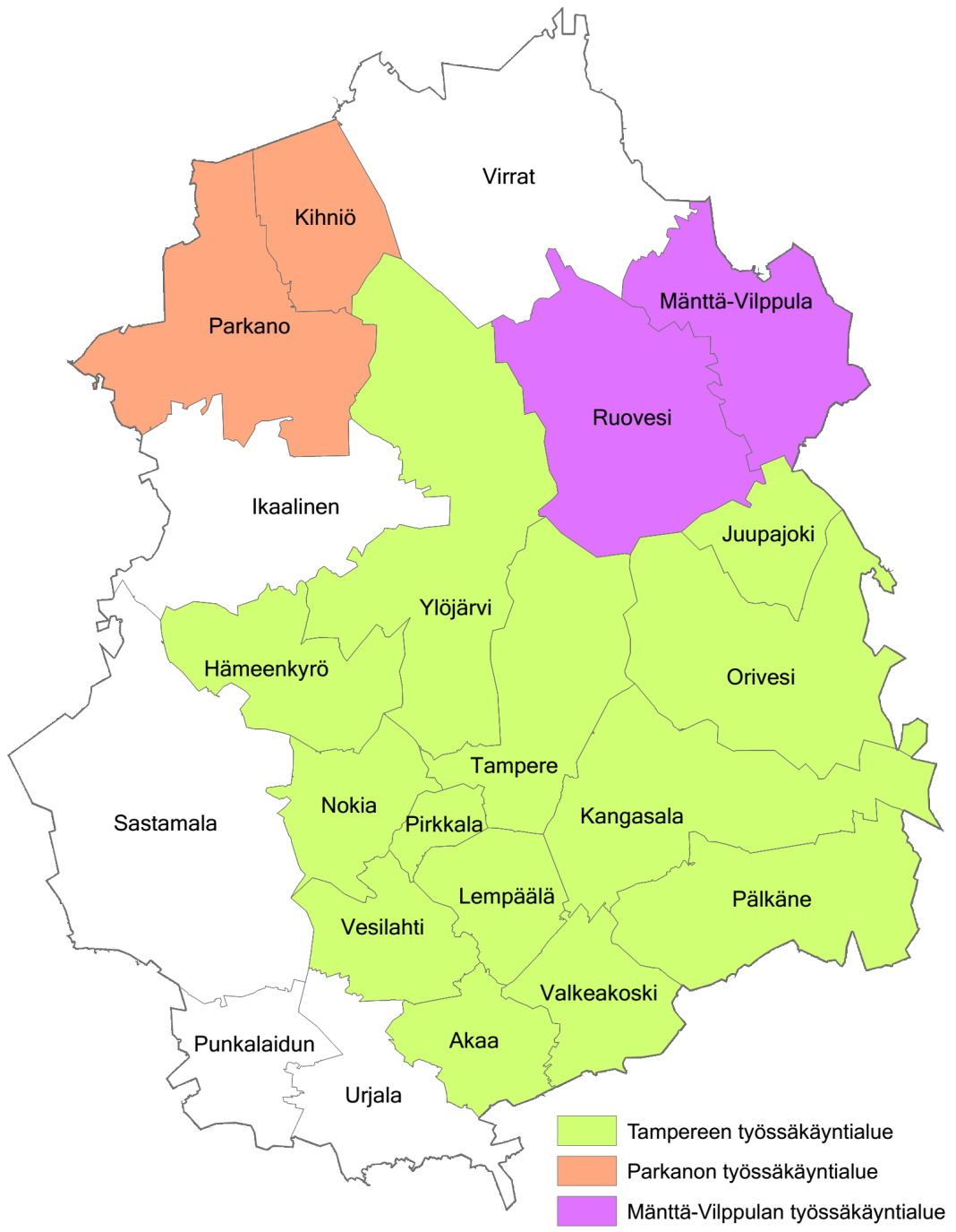 1.6. Työssäkäyntialueet Kunta Väkiluku Tampereen työssäkäyntialue Akaa 17 108 Hämeenkyrö 10 582 Juupajoki 2 039 Kangasala 30 345 Lempäälä 21 829 Nokia 32 690 Orivesi 9 630 Pirkkala 18 369 Pälkäne 6