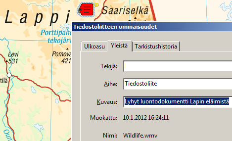 Yleistä-välilehdellä. Liitetiedoston ominaisuuksia voi tämän jälkeen tarkastella viemällä hiiren nuolen symbolin päälle.