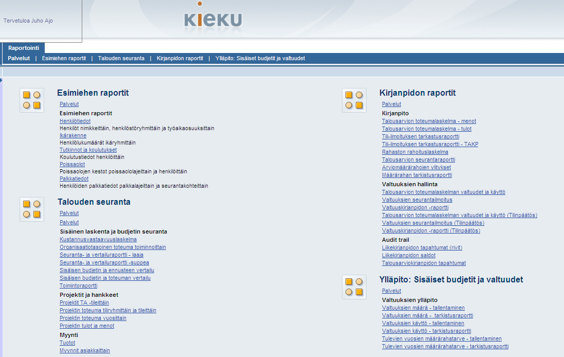Pääsy tietovarastoraportointiin Kieku-portaalin kautta Kieku-portaali jakautuu välilehtiin.