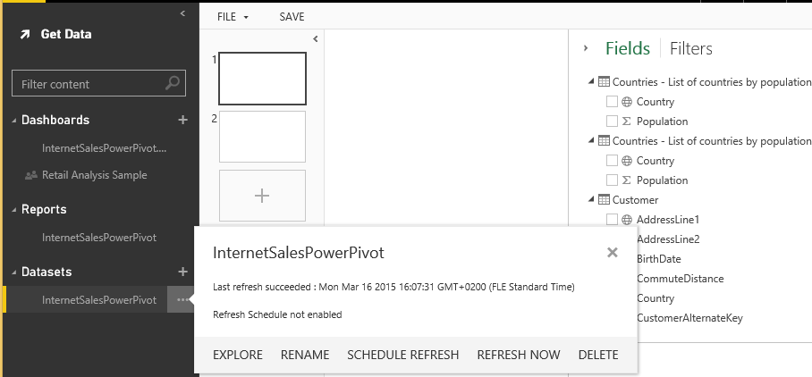 Power BI Site - Reports Reports-valinassa voidaan tutkia Dashboardin raportteja yksitellen (jako ei mahdollinen) Raportit voi kiinnittää