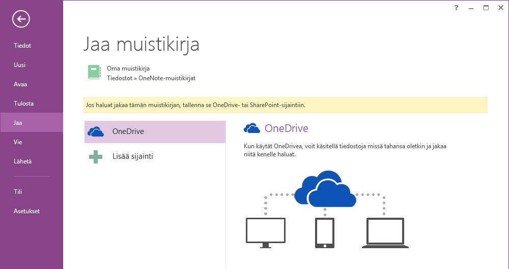 Säilytä muistiinpanosi pilvessä Jos olet aivan uusi OneNoten käyttäjä, sinua pyydetään yhdistämään pilveen, jossa OneNote luo sinulle ensimmäisen muistikirjan.