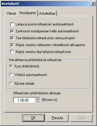 11 Kuva 13, Suunto Muistipantaan liittyvät asetukset.