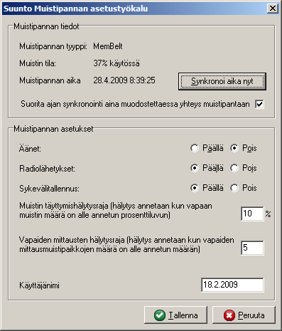 13 Muistin täyttymishälytysraja (hälytys annetaan kun vapaan muistin määrä on alle annetun prosenttiluvun) Vapaiden mittausten hälytysraja (hälytys annetaan kun vapaiden mittausmuistipaikkonen määrä