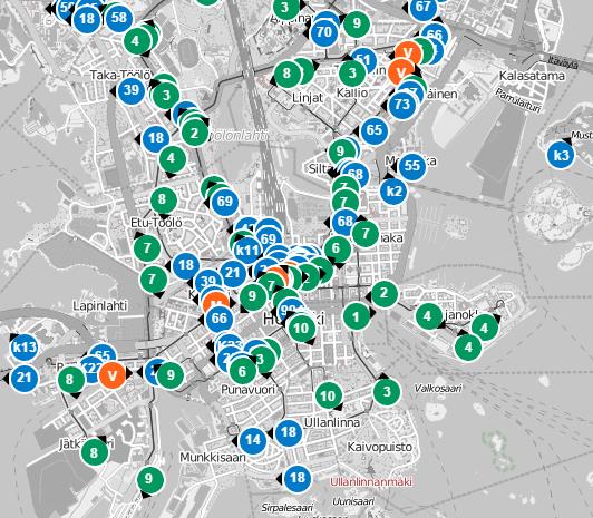 seuraavat ominaisuudet: Reititys omalla autolla tai julkista liikennettä hyödyntäen Pyörätuolilla kuljettavissa olevien