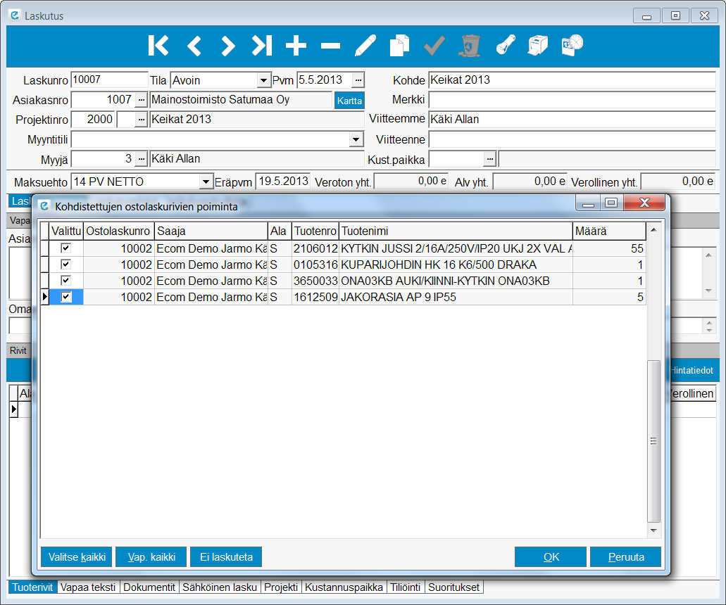 8.5 Tuotteiden ja töiden pudotus laskuriveille Ecomissa on mahdollista pudottaa tarvikkeita suoraan ostolaskuilta ja töitä projektin massasyötön kautta suoraan laskuriveiksi.