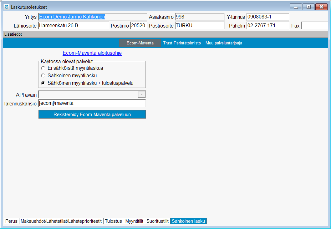 9.12 Ecom Maventa asetukset Laskutusoletusten Sähköinen lasku välilehdelle tulee oletuksena esiin Ecom-Maventa asetustiedot. Jos Maventa on asennettu jo aiemmin, on API avain -kentässä arvo.