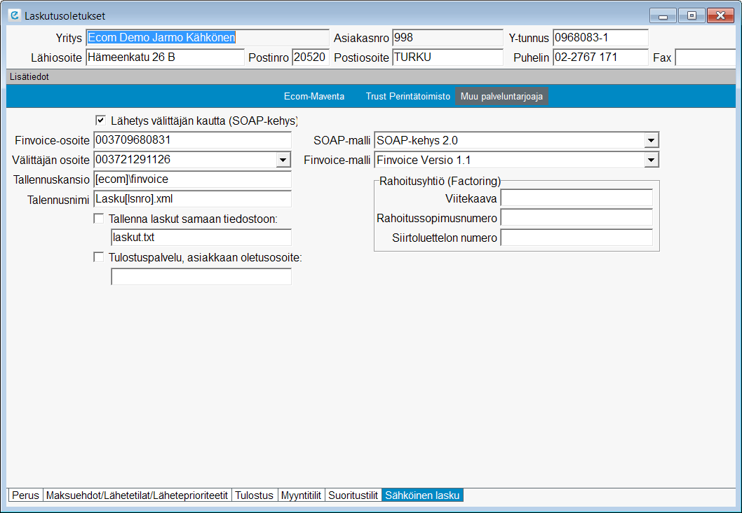10.3 Finvoice asetukset Finvoice-asetukset löytyvät Sähköinen lasku-alavälilehdeltä.