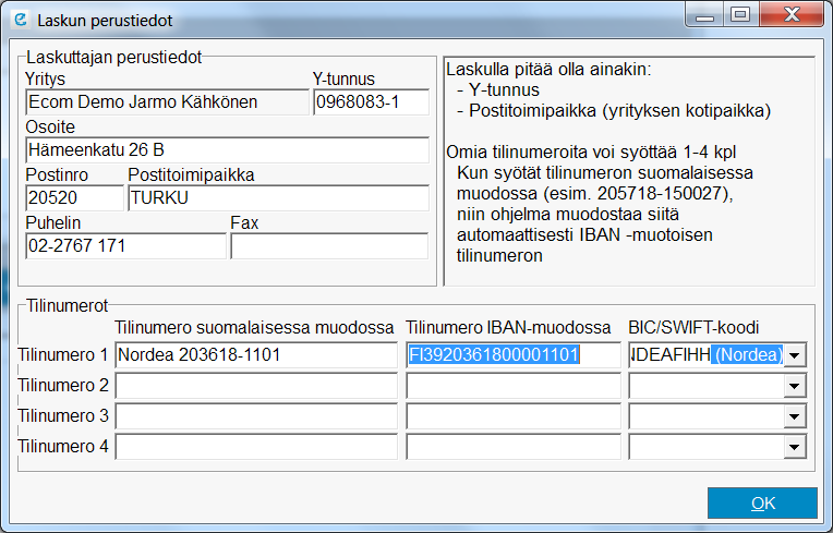 3.11 Laskutuksen oletustietojen syöttö A nsimmäisen laskun teon yhteydessä Ecom kysyy omassa ikkunassaan (kuva alla) seuraavat tiedot, os niitä ei ole laskutusoletuksiin jo aiemmin määritetty