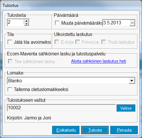 7.1 Laskun tulostus A Sivulla voi vaihtaa tulosteteiden lukumäärää ja vaihtaa tulostettavien laskujen päivämäärää. Laskulomakkeen valinta voidaan suorittaa tällä sivulla.