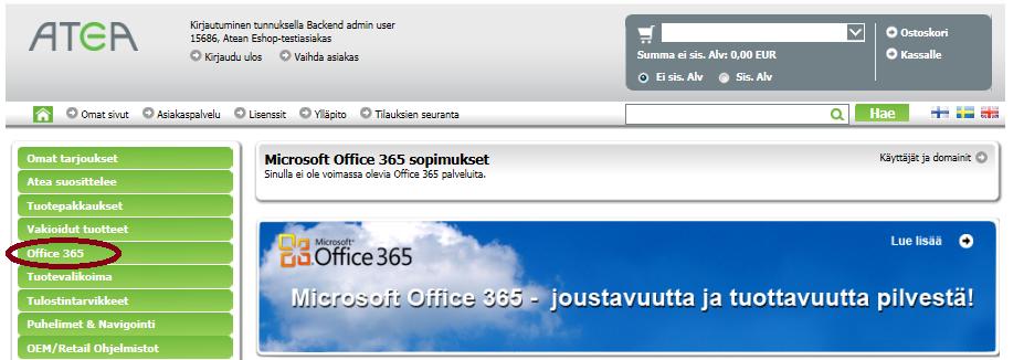 5.1. Oman toimialueen lisääminen Lisätäksesi oman toimialueen, kirjaudu eshopiin järjestelmänvalvojan tunnuksilla ja valitse Office 365 vasemmasta reunasta.