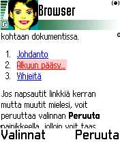 6. Sivun katselu ja kohteen valinta Kun Doris Browserissa siirtää peliohjainta veppisivulla ylös tai alaspäin, siirrytään sivulla valittuun suuntaan, mutta kuinka siirrytään riippuu siitä missä