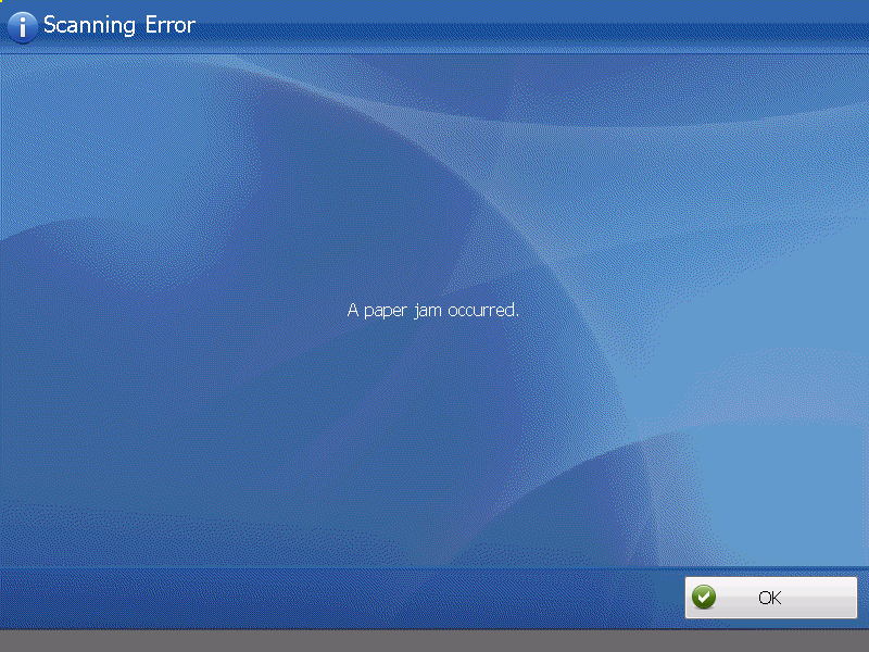 12. Paperitukoksen tai kahden arkin syöttövirheen selvittäminen Jos paperitukos tai kahden arkin syöttövirhe esiintyy, syöttöja skannustoiminnot keskeytyvät ja seuraavanlainen virhenäyttö tulee