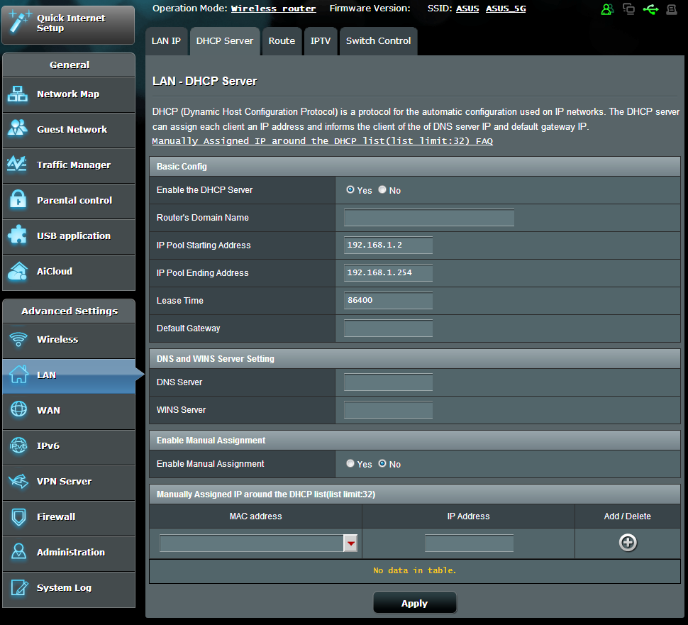 LAN IP -asetusten mukauttaminen: 1. Siirry navigointipaneelista Advanced Settings (Lisäasetukset) > LAN > LAN IP -välilehdelle. 2. Mukauta IP address (IP-osoite) ja Subnet mask (Aliverkon peite). 3.