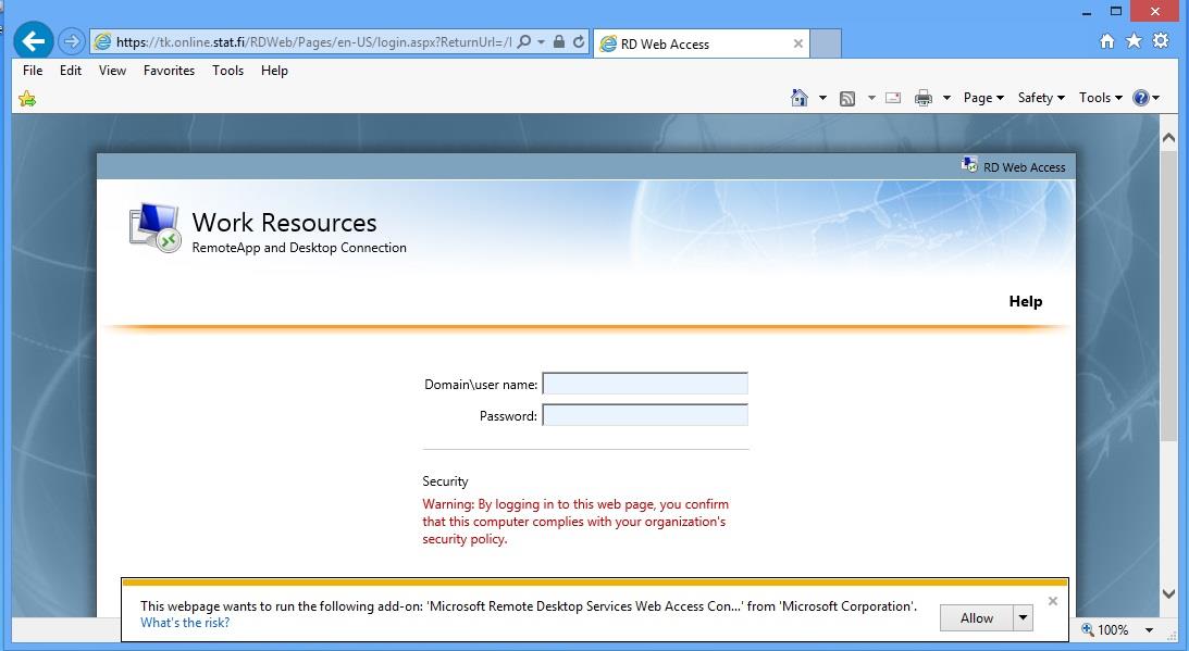 fi ja hyväksytään (Allow) ensimmäisellä käyttökerralla lisäosan asennus This webpage wants to run the following add-on: Microsoft Remote