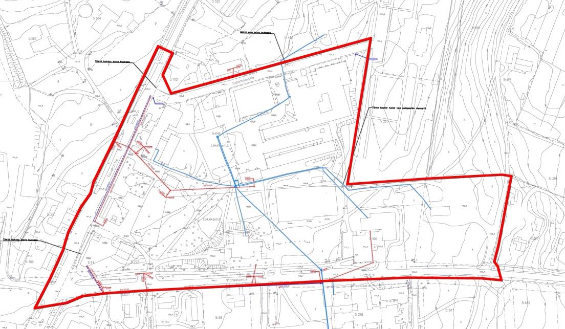 4 Kunnallistekniikka Jyväskylän Energia on tehnyt alueella johtokartoitusta. Aineistosta puuttuu vielä muutama kaivo- (alla olevassa kuvassa mustalla merkityt kohteet) sekä osa vesijohtotiedosta.