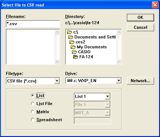 6. Tietojen muuntaminen k Csv-muotoisten tietojen muuntaminen laskimen tiedoiksi 1. Valitse [File] - [CSV-Load from CSV]. 2. Valitse muunnettavat csv-tiedot. 3.