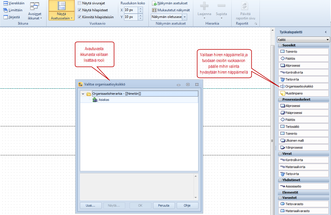 9 (37) 4 Elementtien lisääminen 4.1 Organisaatioyksiköiden lisääminen malliin Organisaatioyksiköt lisätään malliin kuten muutkin prosessiaskel-elementit.