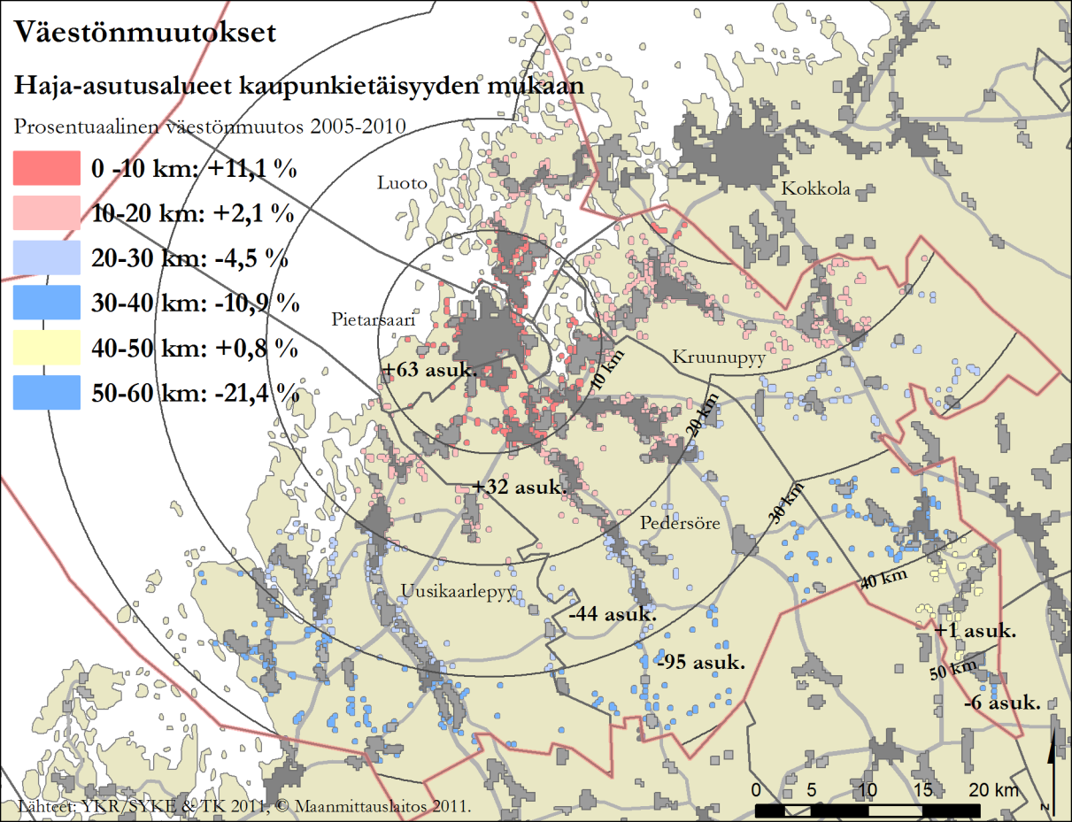 Kartta 1. Prosentuaalinen väestönmuutos Pietarsaaren seudun taajamissa ja kylissä.